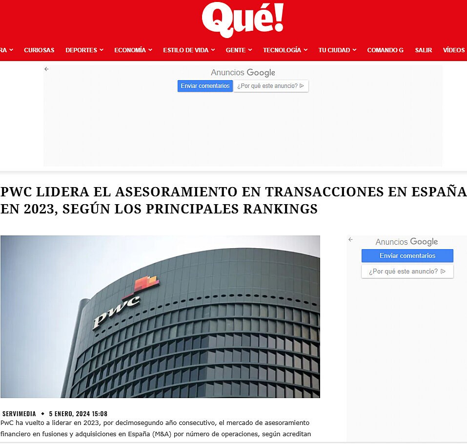 PWC LIDERA EL ASESORAMIENTO EN TRANSACCIONES EN ESPAA EN 2023, SEGN LOS PRINCIPALES RANKINGS